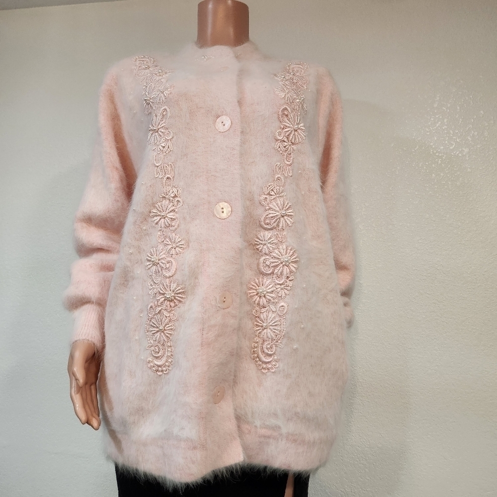 Lee Sands Rabbit Angora Hair Blend Cardigan Sweater Size: ONE Size With Pockets